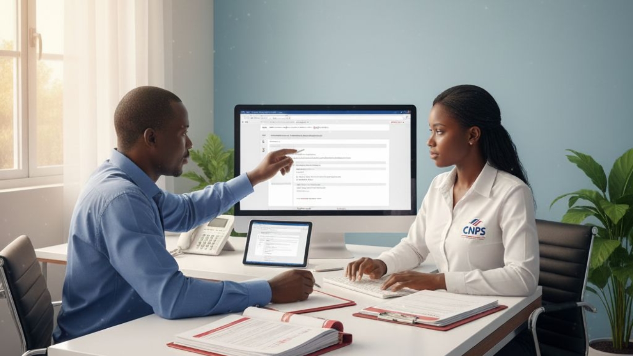 Immatriculation CNPS Cameroun 2025 : employeur et salarié remplissant les formulaires d'inscription