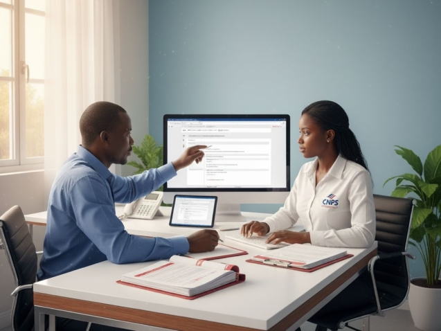 Immatriculation CNPS Cameroun 2025 : employeur et salarié remplissant les formulaires d'inscription