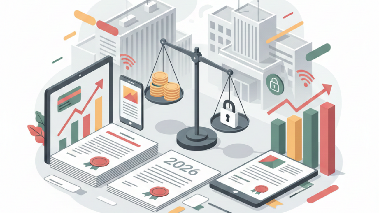 Illustration représentant les innovations de la Loi de Finances 2026 au Cameroun, avec des symboles de fiscalité, de modernisation et de réforme du système fiscal.