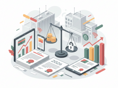 Illustration représentant les innovations de la Loi de Finances 2026 au Cameroun, avec des symboles de fiscalité, de modernisation et de réforme du système fiscal.