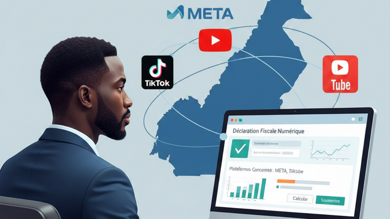 Entrepreneur camerounais consultant un portail fiscal en ligne sur la fiscalité numérique, avec la carte du Cameroun et les logos de META, TikTok et YouTube en arrière-plan
