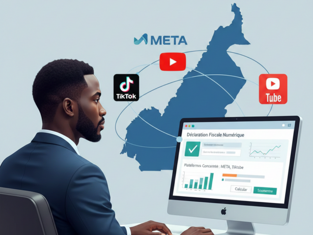 Entrepreneur camerounais consultant un portail fiscal en ligne sur la fiscalité numérique, avec la carte du Cameroun et les logos de META, TikTok et YouTube en arrière-plan